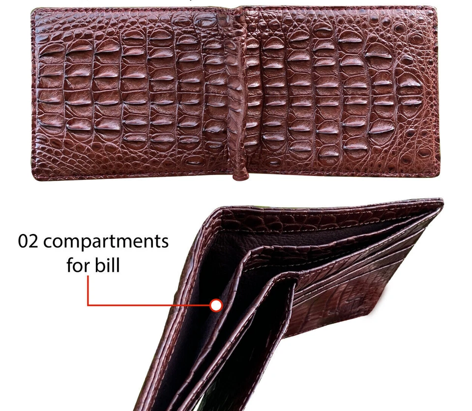 Cartera Doble Lado Marrón Cocodrilo Doble Plegable Hombres Cuero Genuino Billetera Foto 2 de 4