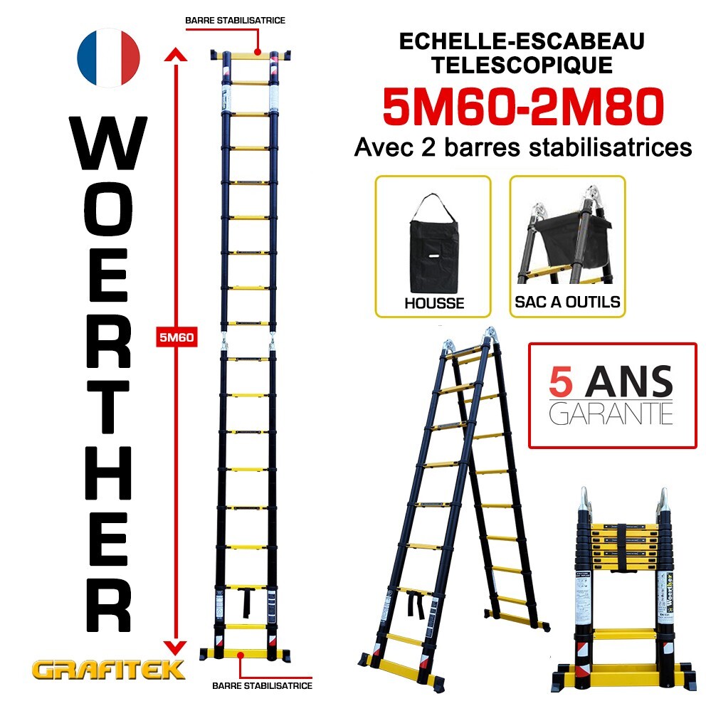 Escabeau télescopique Woerther 2m80 idéal pour l'entretien de la maison et du jardin