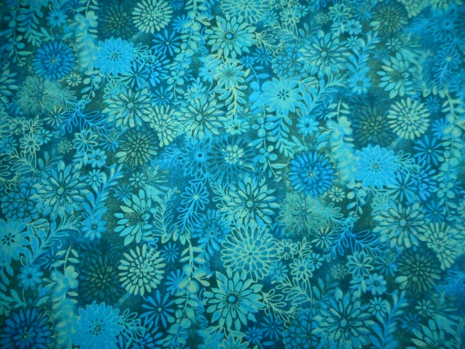 Quilt Fabric Short Yard Turquoise & Blue Floral on Dk Turquoise Cotton #C - Image 2 of 2