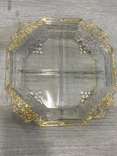 VTG Jeannette 4 Part Relish Dish OCTAGON Clear Glass Gold Trim Grapes MCM