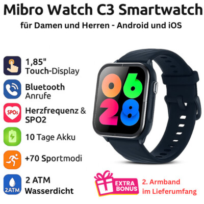 Smartwatch mit Bluetooth Telefon Funktion, wasserdicht für Android + iOS IP68 C3