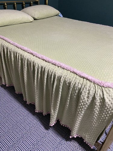 Handmade Set Minky Dot Pom Pom Bedspread, Shams, Cases Full Queen Pink Green - Picture 11 of 11