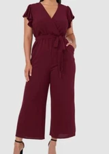 Msk Women's Red Flutter-Sleeve Wide-Leg Jumpsuit Plus Size: 1X