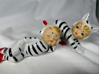 Norcrest Japan Pixie Figurines Zebra Jail House Suit  Set Of 2  1950 s Kitsch
