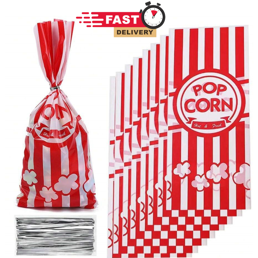 50pcs Red White Stripe Popcorn Candy Treat Bags with Twist Ties for Party Favors