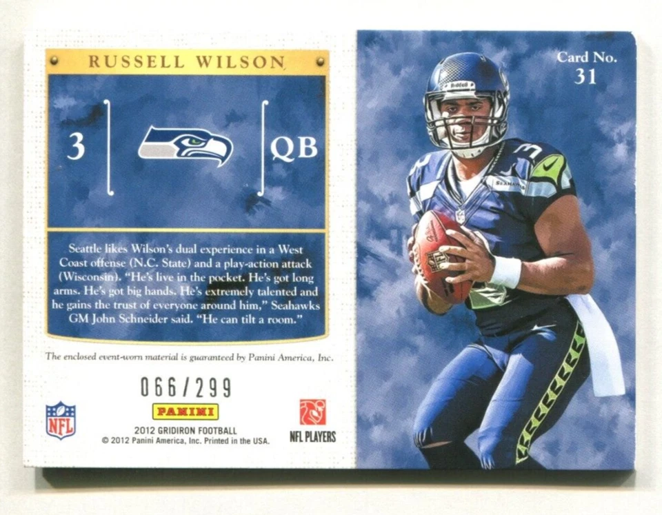 2012 Gridiron Rookie Gridiron Kings Jerseys #31 Russell Wilson 66/299 A39 091 - Image 2 of 2