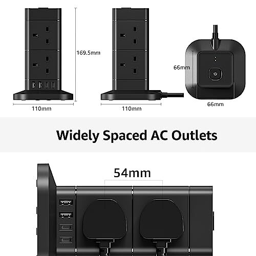 3M Tower Extension Lead with USB Slots, Hotimy 13A 8 Way Extension Lead