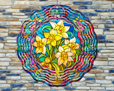 10'' Colorful Yellow Flowers Stained Glass Wind Spinner Yard 3D Aluminum rws-184