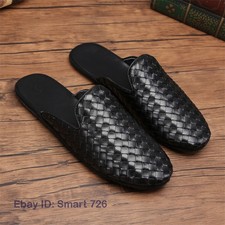 Men's 100 Real Leather Slippers Flats Weave Woven Shoes Mules Handmade Sandals