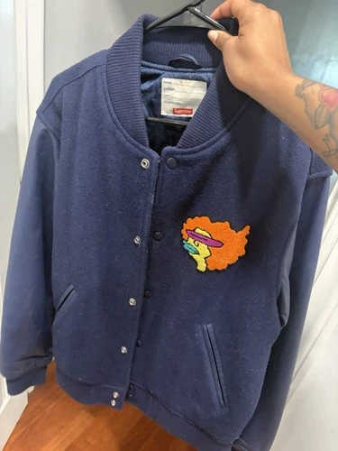 Supreme Navy Leather Varsity Jacket M Snap Front Lined Cartoon Embroidered image 3