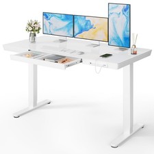 Marsail Glass Standing Desk with Drawer,55 x 28 inch 55x28 Inch, Soft White