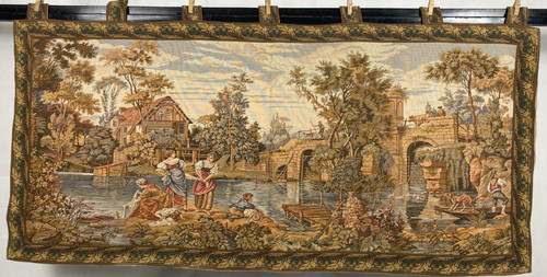 Vintage French Lovely Washing At The Mill Scene Wall Hanging Tapestry 160x75 cm