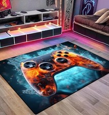 Gaming Area Rug Teen Boys Carpet, Fire with Flames Gamepad Game Controller