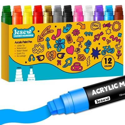 Acrylic Paint Markers   12 Colors Jumbo Markers with 15mm Felt Tip Paint Pens...