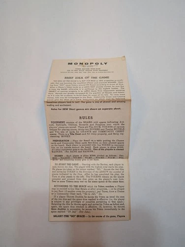 Vintage 1961 Monopoly Parker Brothers Board Game Rules Instructions