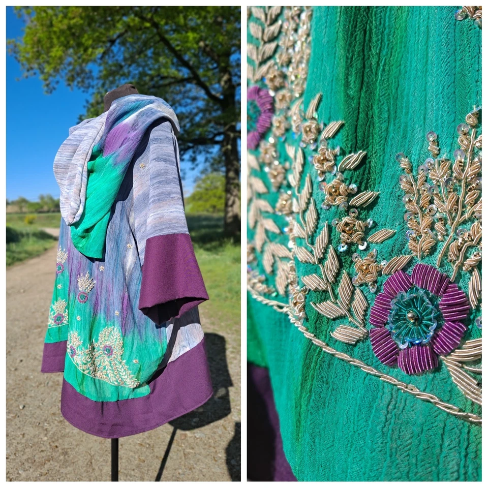 NUEVO RARO Hecho a Mano Bordado Capucha Cuello Top TALLA ÚNICA Boho SEDA CREPÉ Foto 2 de 4