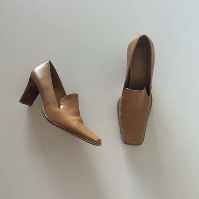 Vintage Y2K Diba Tan Square Stitch Toe Leather Pumps 7.5 French Office Siren 90s