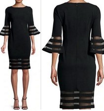 CALVIN KLEIN $119 Solid Black Crepe Stretch Mesh Bell Sleeve Dress Size 10