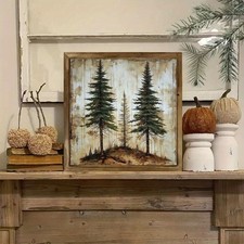Rustic Framed Pine Tree Art Vintage Forest Landscape Farmhouse Wooden Wall Decor