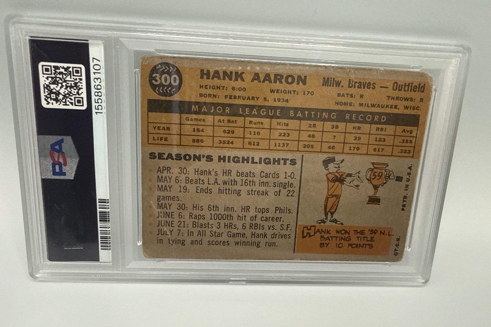 1960 Topps Hank Aaron #300 PSA PR 1 Milwaukee Braves HOF Vintage Baseball Card view 3