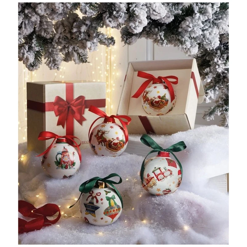 Palla di Natale Ceramica BRANDANI Trenino Decorazione Albero 10 cm Fiocco Raso, fotografia 2 di 9