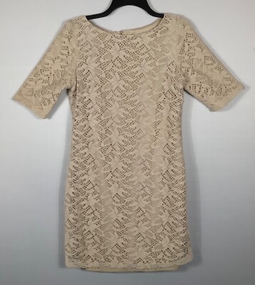 Olivia Matthews Dress Womens Med Beige Sheath Short Sleeves Zip Back Lined Lace