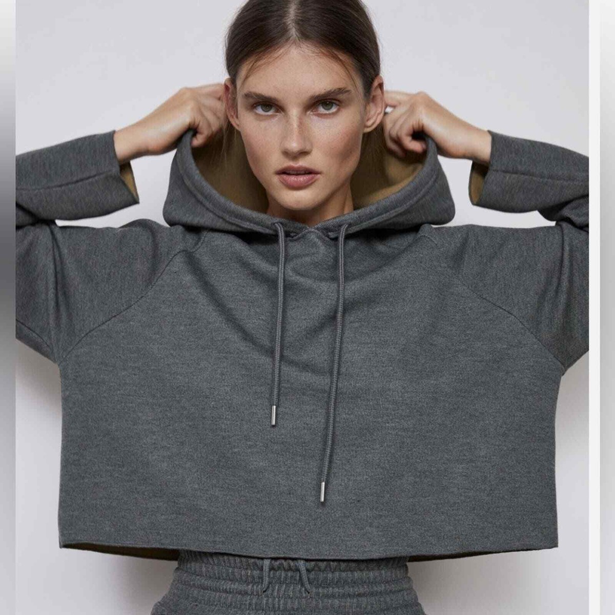 パーカー ZARA - FELIM OPEN NECK CROPPED HOODIE Zara Cropped Hoodie Grey/Tan SZ M | eBay
