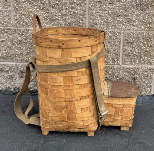 Antique 1900s AMERICAN Adirondack Gathering Trapper Woven Basket Backpack RARE
