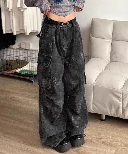 Women's Black Printed Straight Leg Casual Pants Cargo Pockets Men's Punk Hippie - Picture 4 of 8