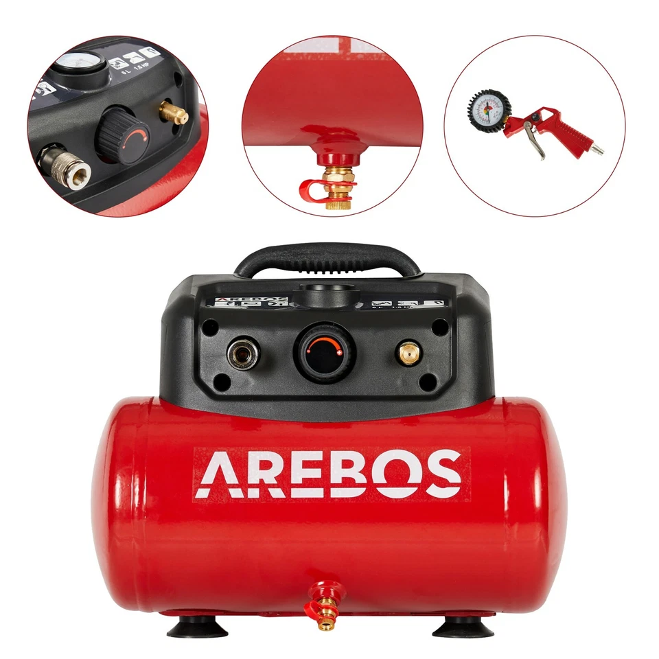 AREBOS Compresseur d'air avec kit d'accessoires 13 pièces régulateur 6 Litres - Photo 4/4