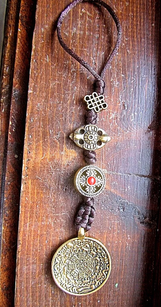 Tibetan Buddhist Symbols Brass Silk Cord Dorje Om Gold Hanger