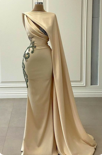 Light Champagne Mermaid Evening Dress with Beaded Illusion Lace Appliques - Picture 3 of 10