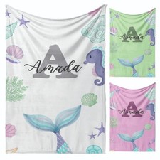 Image of Personalised Name Colour Mermaid Tail Monogram Kids Soft Fleece Blanket Decor