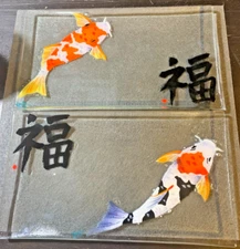 2 Vtg Signed Fused Glass Fireglass Serving Trays with Koi 2002 10 in x 5.5 in