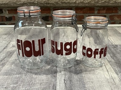 VINTAGE 70 s Set of 3 Triomphe France Sugar/Flower/Coffee Kitchen Canisters