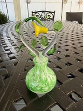 Murano Art Glass Calla Lily Flower Sculpture in Green and Yellow