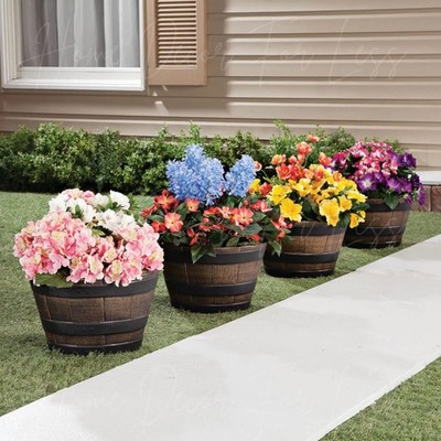 Set of 4 Whiskey Barrel Planter Rustic Wood Look Patio Lawn Garden Outdoor  Decor | eBay