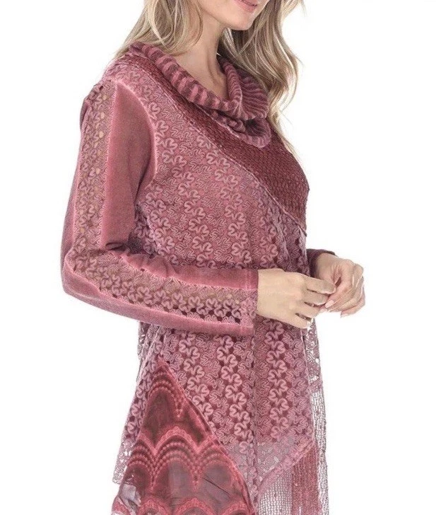 Túnica de renda rosa Simply Couture gola alta feminina pequena boho romântica - Imagem 3 de 4