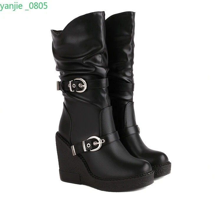 女士人造皮革中筒靴扣厚底鞋楔形鞋跟圆头 — 第 4/4 张图片