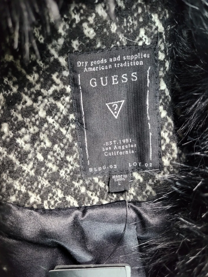 GUESS Detachable Faux Fur Collar Long Coat Jacket Black Large Nwt New - Image 2 of 4