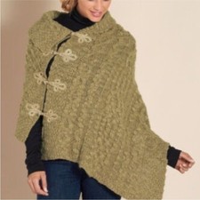 Soft Surroundings Chelsea Poncho Wrap Cable Knit Olive Moss Green Wool Alpaca L