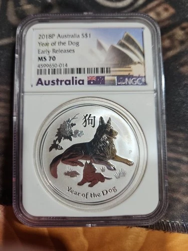 2018 P 1oz Silver Australia $1 Lunar Year of the Dog NGC MS 70 Early Releases
