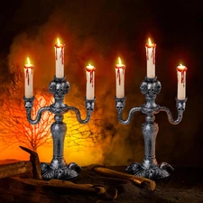 2 Pcs Skull Candelabra Halloween Decorations Indoor LED Lights Flameless Candles