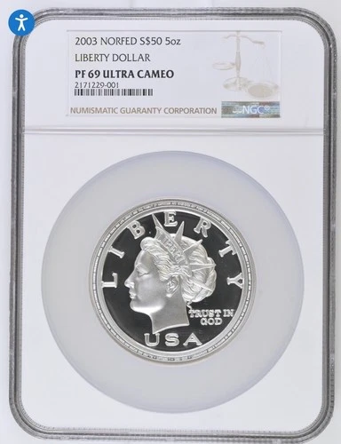 2003 $50 Liberty Dollar 5 OZ .999 Silver Medal USA NGC PF 69 UC