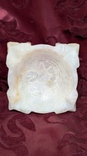 Vintage Marble Onyx Aztec Etched Design Ashtray Trinket Dish (White Cream Color)