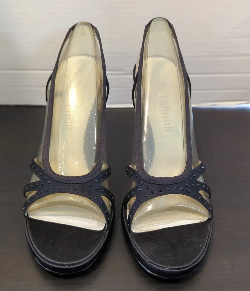 Metaphor Heidi 4" Negro Estrás Tirantes Tacones Talla 8 Madre de la Novia Baile de graduación Foto 2 de 4