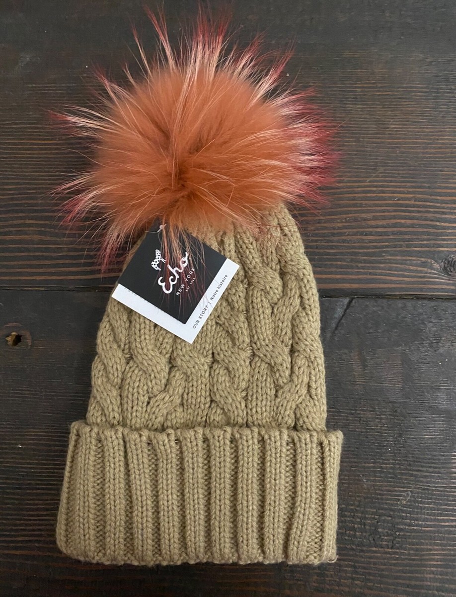 Echo New York Cable Knit Fur Pom Hat NWT OS | eBay