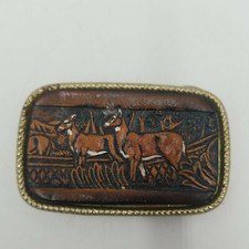 Vintage Brass Deer In Woods Belt Buckle Done w/Leather on Front Marked U.S.A.