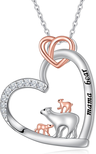 Mothers Day Jewelry Gifts Mama Bear Heart Pendant Necklace 925 Sterling Silver
