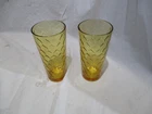 Set 2 Vintage Anchor Hocking Amber Honeycomb Gold Yellow Drinking Glasses 6 1/2”